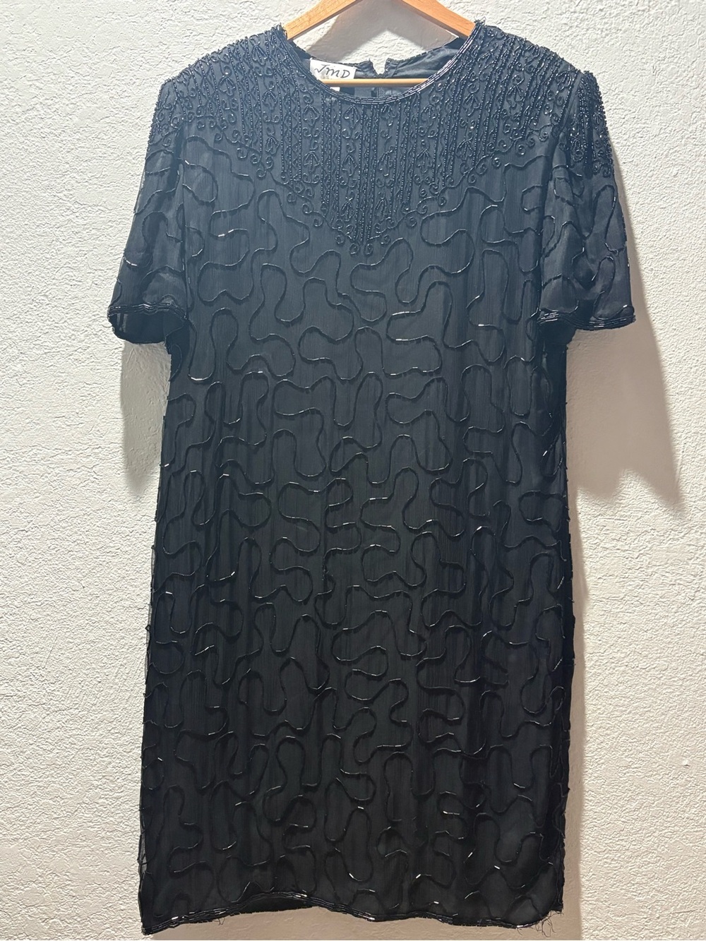 Beaded Black Midi Dress with Textured Swirl Detail